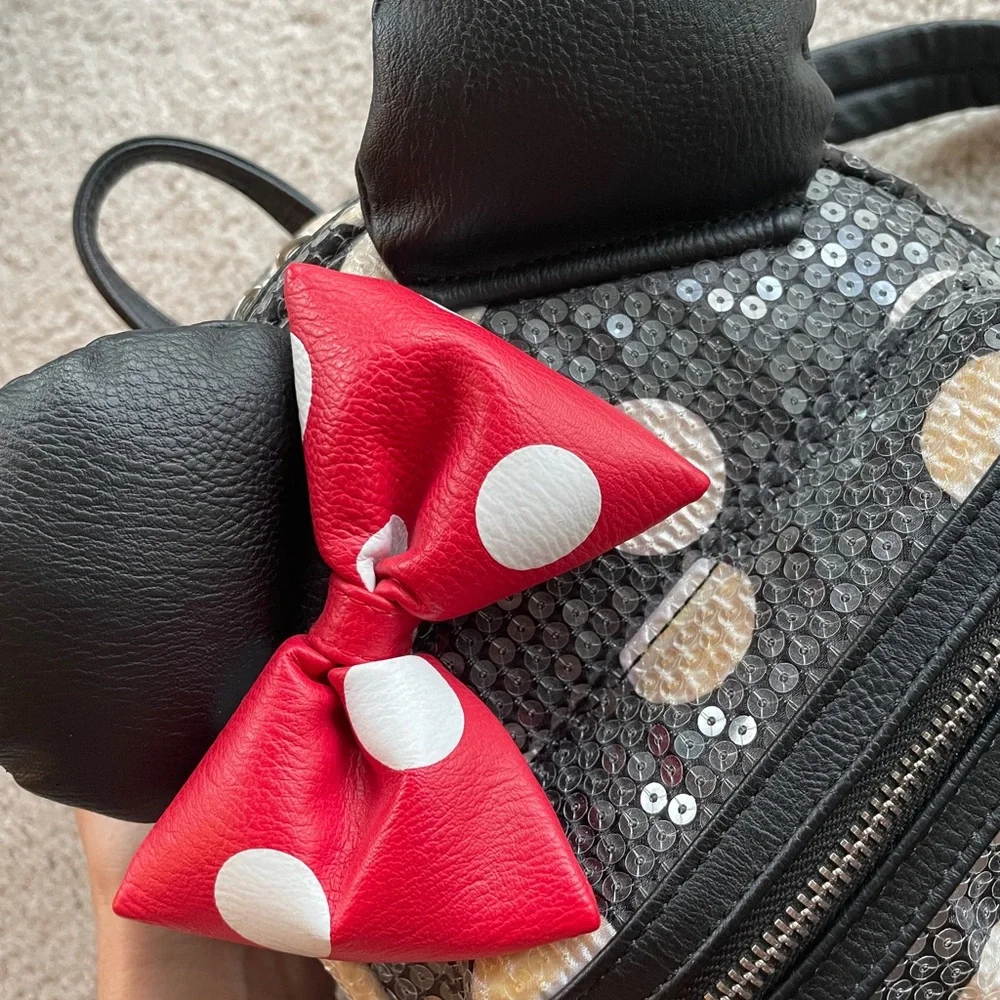Disney Parks Loungefly Sequin Minnie Mouse Red Black Bow Polka Dots Backpack
